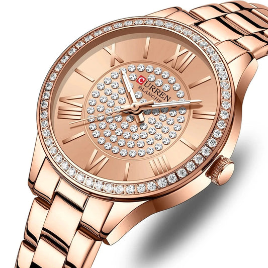 Luxury Rhinestones Rose Dial Fashion Watches with Stainless Steel Band New Quartz Wristwatches for Women